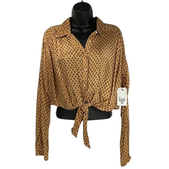 BILLABONG Sunset Sessions Crop Top Sz M Gold Red Polka Dot Button Up Tie Front - Picture 5 of 12